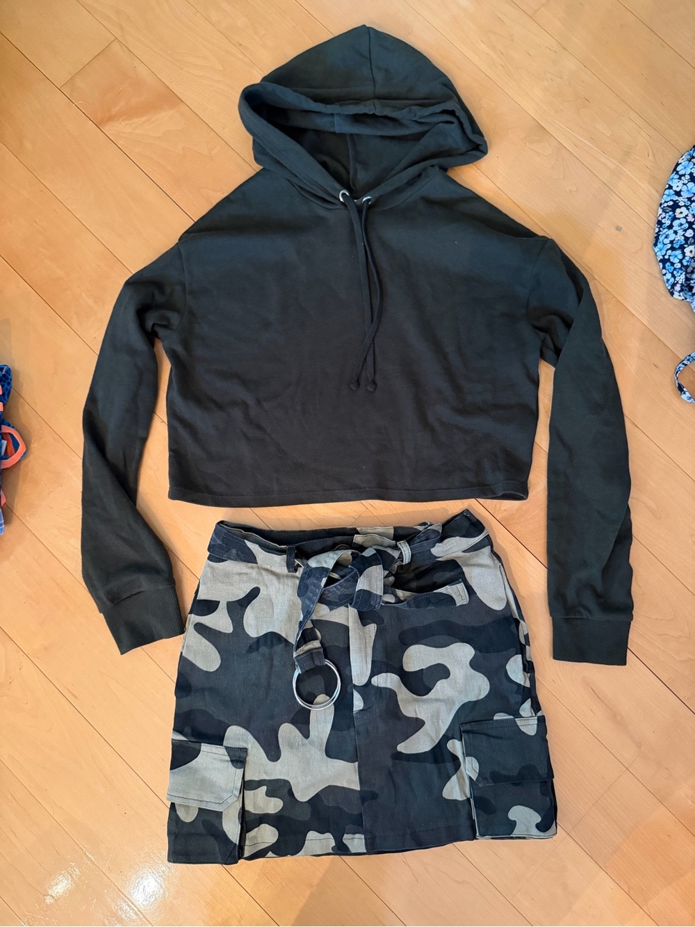 Fashion Nova Black Cropped Hoodie with Green Camo Cargo Skirt set